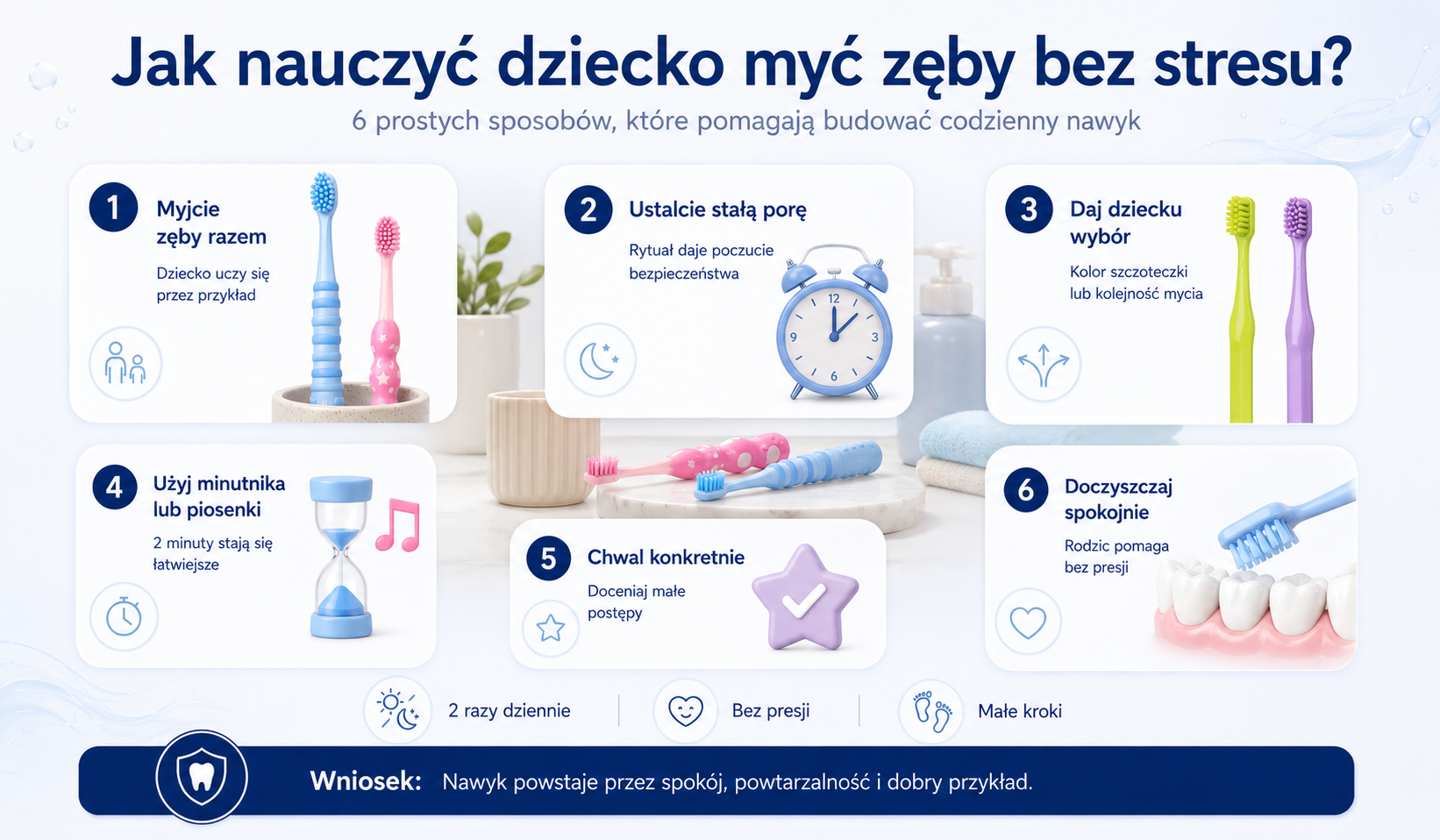 Jak nauczyć dziecko myć zęby bez stresu Infografika PESITRO pokazująca 6 sposobów, jak nauczyć dziecko myć zęby bez stresu.