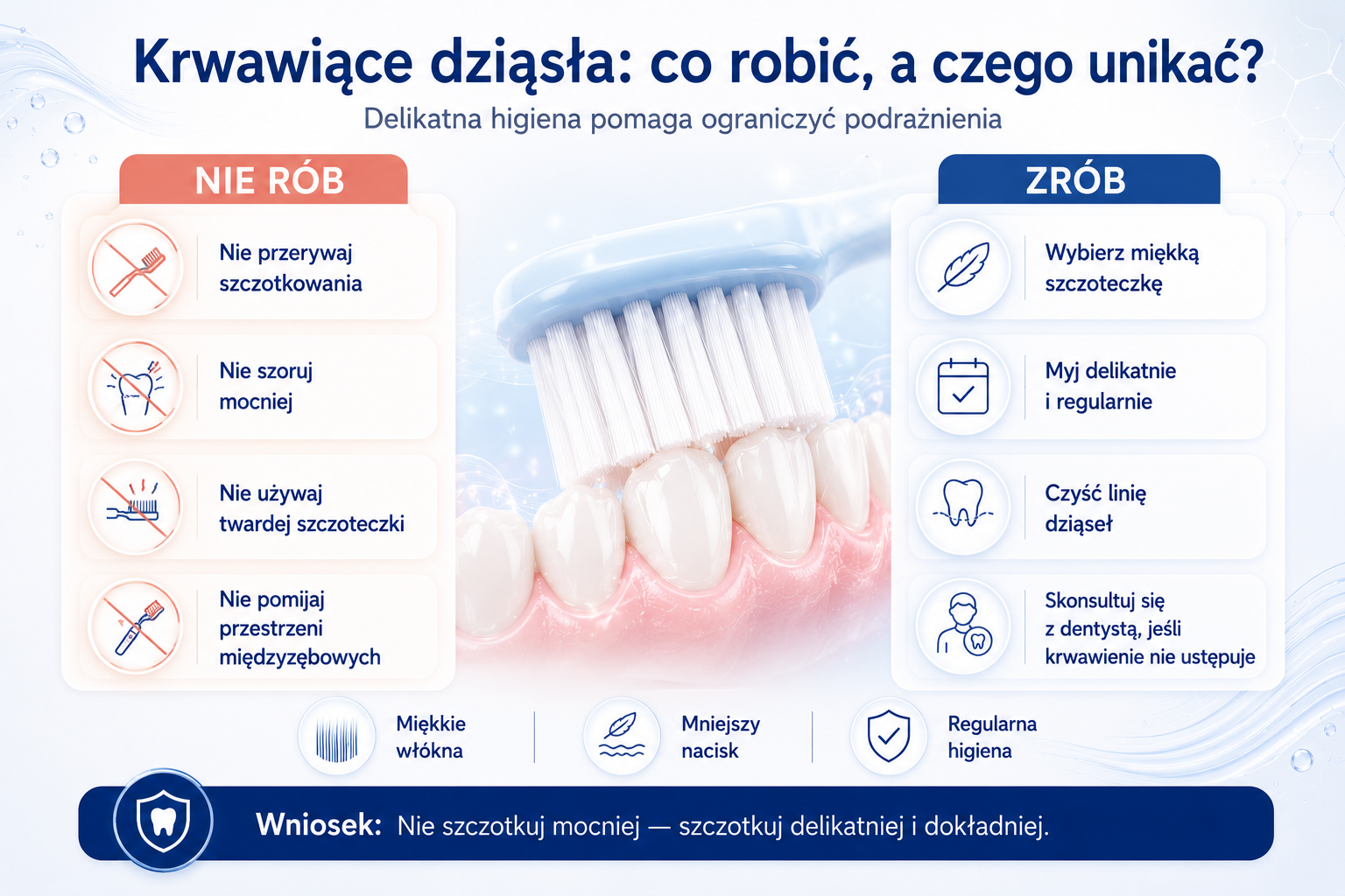 Infografika PESITRO pokazująca, co robić, a czego unikać przy krwawiących dziąsłach podczas szczotkowania.